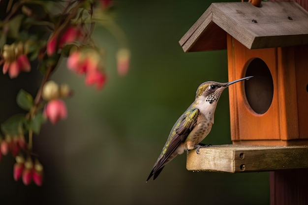 Kolibrifütterung aus Vogelhäuschen im Garten, angelegt mit generativer KI