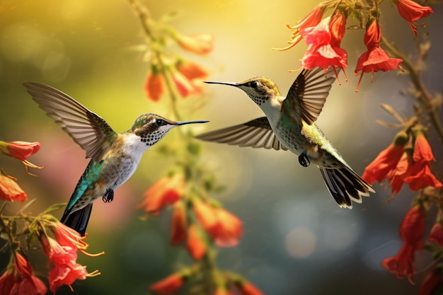 Kolibris, die über farbenfrohen Blumen schweben Ein Gemälde von zwei Vögeln mit blauen und grünen Federn, das Ai erzeugt hat