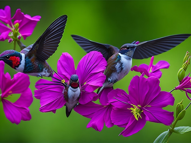 Kolibris in Paaren und eine rosa Blume Ai-Generation