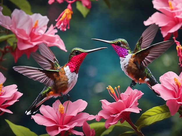Kolibris in Paaren und eine rosa Blume Ai-Generation