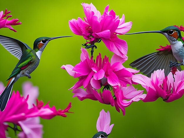 Kolibris in Paaren und eine rosa Blume Ai-Generation