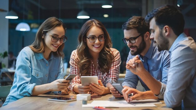 Kollegen arbeiten zusammen in einem modernen Büro und verwenden Geräte und Gadgets während kreativer Besprechungen