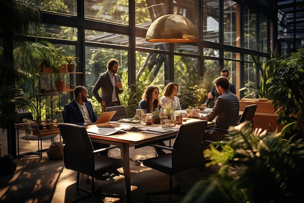 Kollegen bei einem Treffen im Sitzungssaal sitzen gemeinsam am Tisch und tauschen Ideen aus und diskutieren über die mit KI generierte Projektstrategie