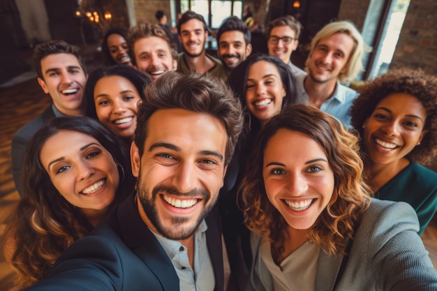 Kollegen machen ein Gruppen-Selfie bei einer gesellschaftlichen Veranstaltung KI-generativ