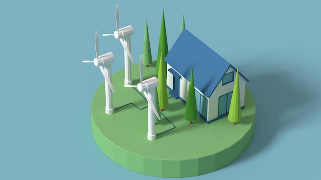 Ökologie der erneuerbaren Windenergie ist ein energiesparendes Konzept zur Gewinnung kostenloser Energie aus der Sonne. Umweltfreundliche Smart City 3D-Darstellung