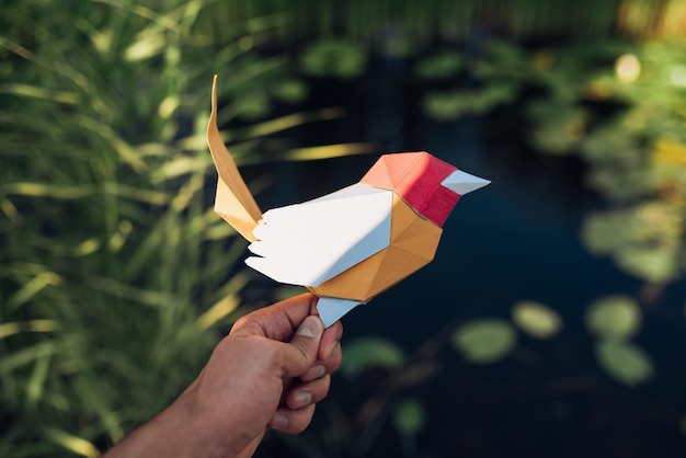 Ökologie- und Umweltkonzept Eine Hand, die einen Papiervogel auf Naturhintergrund hält Tier- und Menschenkonzept
