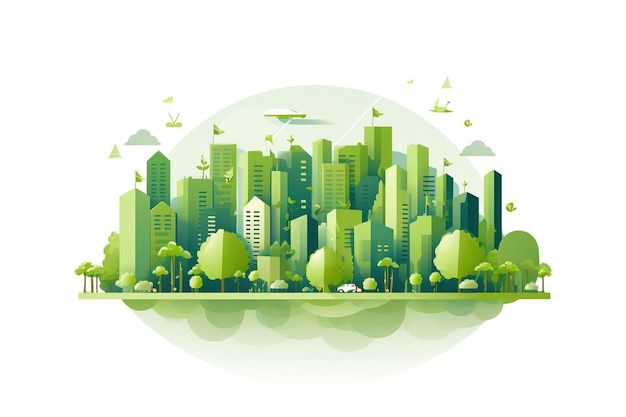 Ökologiekonzept mit grüner Ökostadt auf Naturhintergrund