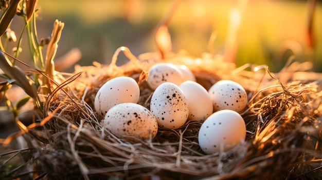 Ökologische Eier eines Vogels in einem Nest mitten in der Natur. Frische und biologische Lebensmittel