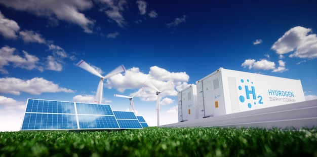 Ökologische Energielösung. Power-to-Gas-Konzept. Wasserstoff-Energiespeicher mit erneuerbaren Energiequellen – Photovoltaik- und Windkraftanlage in frischer Natur. 3D-Rendering.