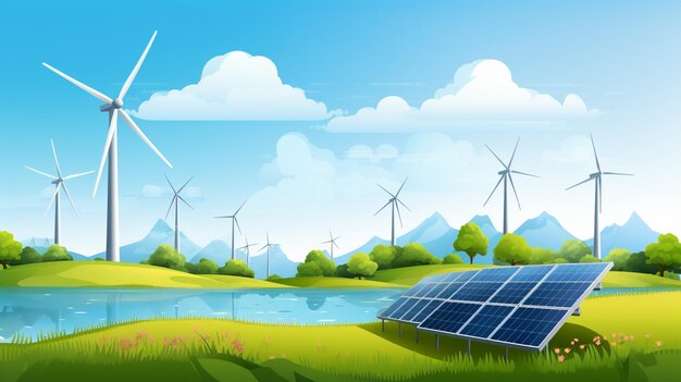 Ökologischer Hintergrund mit Solarpanelen und Windturbinen Vektorillustration