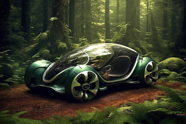 Ökologisches Auto der Zukunft in der Natur Futuristisches Elektroauto im grünen Wald