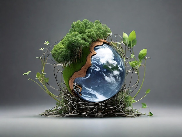 Ökologisches Konzept Erde in Form eines Nestes auf einem grauen Hintergrund