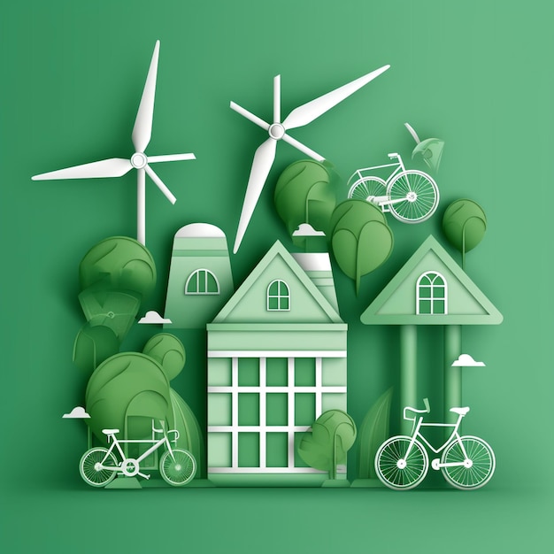 Ökologisches Konzept mit Haus-Fahrrad-Windturbinen und Bäumen Papierkunststil
