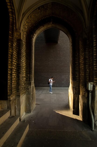 Koloniale Architekturbögen, umgeben von Vegetation, spielen Licht und Schatten im Inneren des Raums, natürliche Materialien