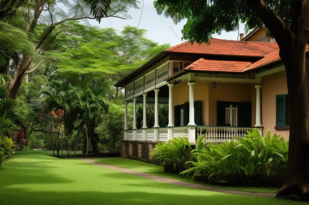 Kolonialhaus mit Veranda und Blick auf den üppigen grünen Garten