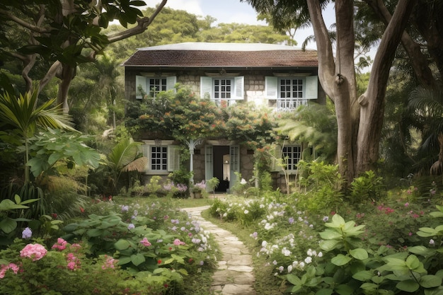 Kolonialhaus, umgeben von einem üppigen Garten mit lebendigen Blüten und viel Grün