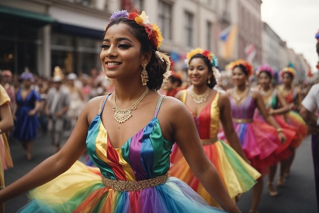 Kolumbianische Feierlichkeiten Eine Gruppe von Tänzern tanzt in einer Parade. Eine von ihnen trägt ein Regenbogenkleid.