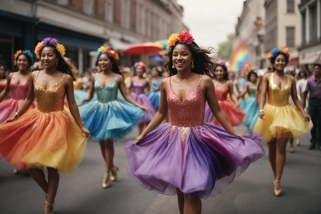 Kolumbianische Feierlichkeiten Eine Gruppe von Tänzern tanzt in einer Parade. Eine von ihnen trägt ein Regenbogenkleid.