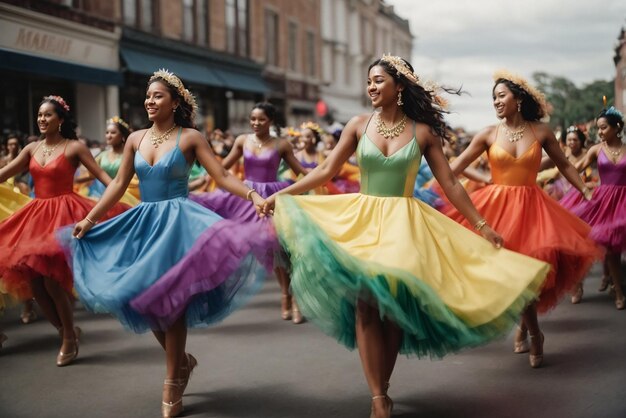 Kolumbianische Feierlichkeiten Eine Gruppe von Tänzern tanzt in einer Parade. Eine von ihnen trägt ein Regenbogenkleid.