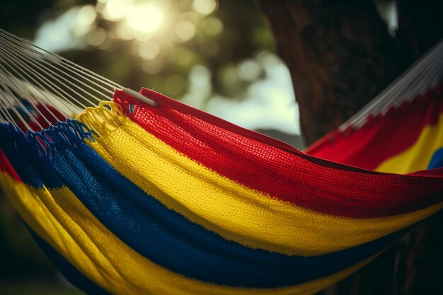 Foto kolumbianische flagge in eine traditionelle hängeschleife gewebt