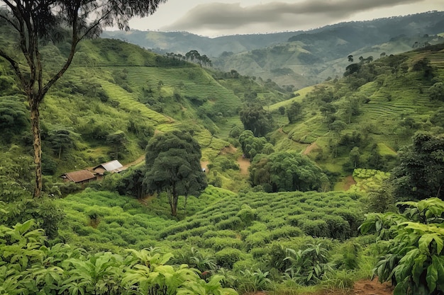 Kolumbianische Kaffeeplantage mit malerischen Ausblicken. Generative KI