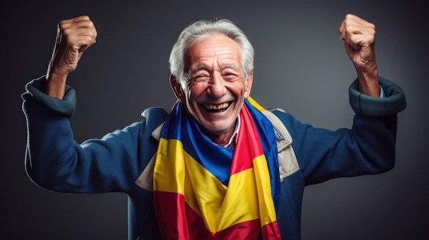 Foto kolumbianischer älterer mann fröhlich mit nationalflagge