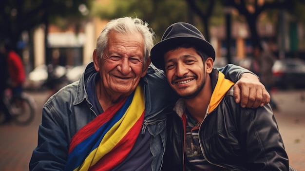 Kolumbianischer älterer Mann und Freund mit kolumbianischer Nationalflagge