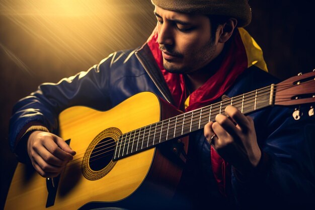 Kolumbianischer Musiker spielt Gitarre mit Flagge im Hintergrund