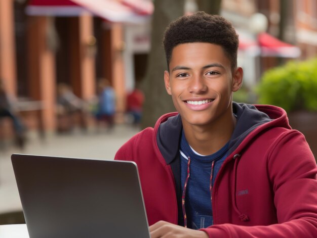 Foto kolumbianischer teenager, der in einer lebhaften städtischen umgebung an einem laptop arbeitet