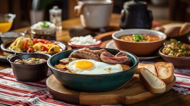 Kolumbianisches Essen eine Nahaufnahme eines frisch zubereiteten Bandeja Paisa-Gerichts, das auf einem rustikalen Holz serviert wird