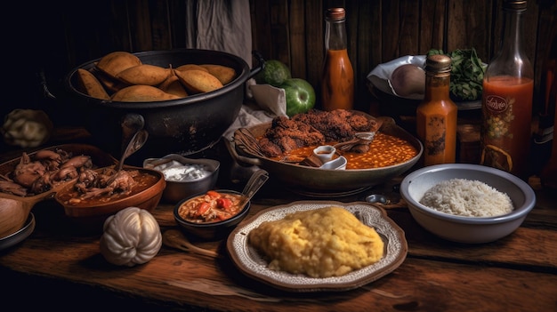 Kolumbianisches Essen eine Nahaufnahme eines frisch zubereiteten Paisa-Gerichts, das auf einem rustikalen Holztisch serviert wird