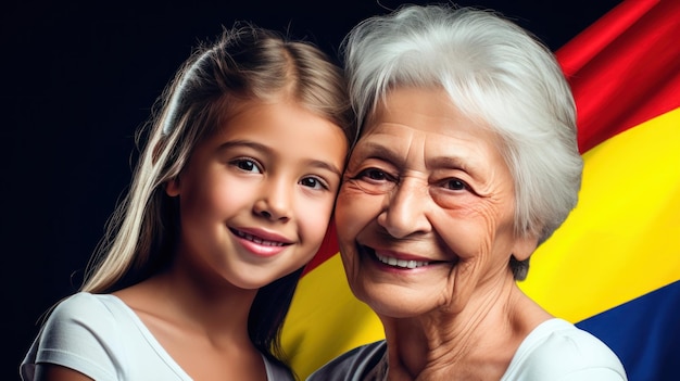 Kolumbianisches Mädchen und Großmutter mit der Nationalflagge