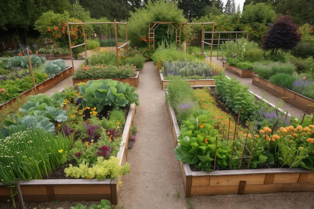 Kombination aus Blumenbeeten und Gemüsegärten mit leicht zugänglichen Wegen
