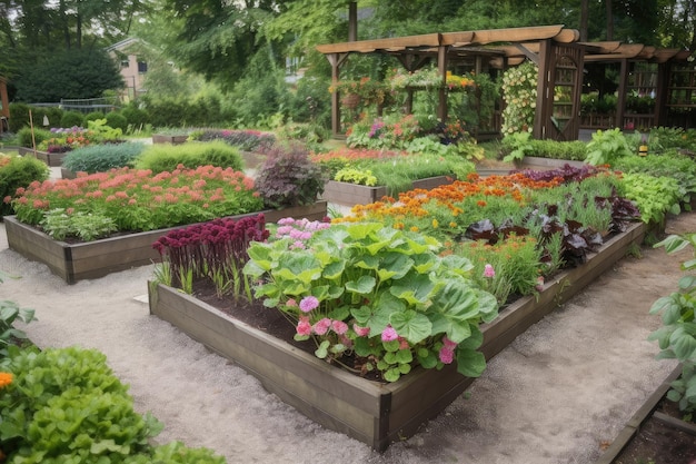 Kombination aus Blumenbeeten und Gemüsegärten mit leicht zugänglichen Wegen