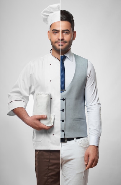 Kombiniertes Porträt eines gutaussehenden jungen Mannes, der als Geschäftsmann und als Kochkoch verkleidet ist.