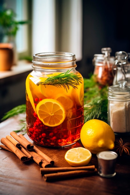 Kombucha en la cocina en la mesa bebida generativa AI