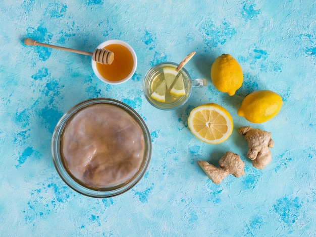 Kombucha-Pilz mit Ingwerwurzel, Honig und Zitrone.
