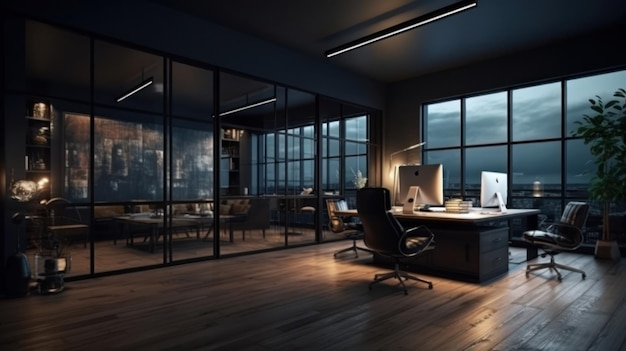 Komfortable und elegante Büroräume in einem modernen Gebäude in dunklen, gedämpften Tönen, ein Holzschreibtisch mit Werbung