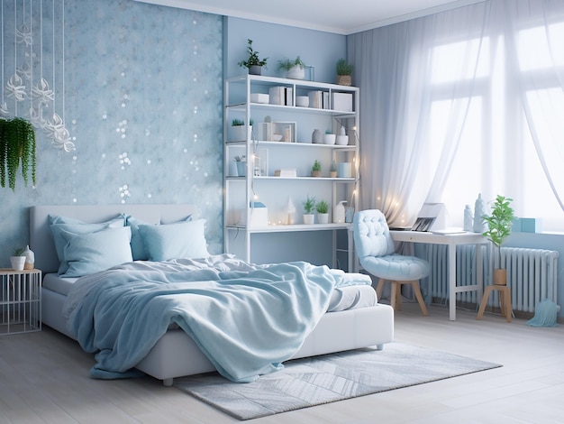 Komfortables blaues Schlafzimmer mit reichlich Möbeln