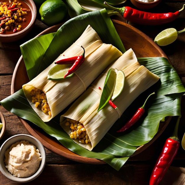 Komfortnahrungsmittel-Tamales auf einem Bananenblatt, die auf einem Holztisch serviert werden