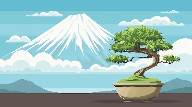 Komischer Bonsai mit Blick auf den Berg Fuji