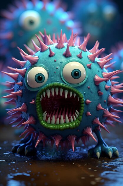Komischer grüner Virus mit einem Gesichtsausdruck 3D-Illustration