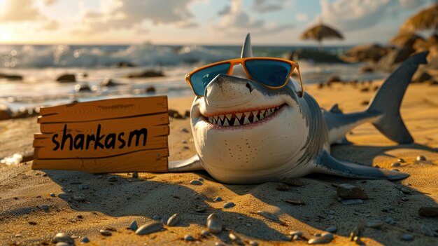 Komischer Hai mit Sonnenbrille hält ein Schild mit dem Wort Sharkasm Sarkasm Hintergrund