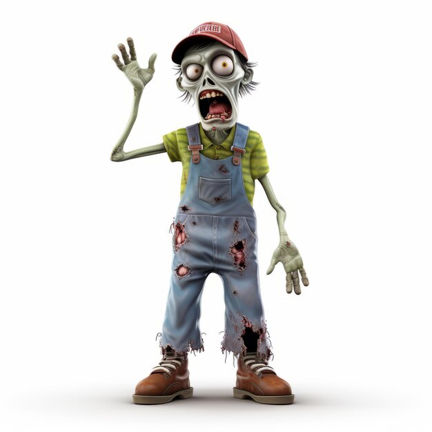 Foto komischer halloween-zombie 3d-render in overall und mütze