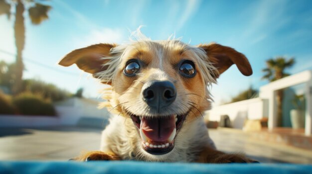 Foto komischer hund auf einer straße auf dem hintergrund von straßen und palmen