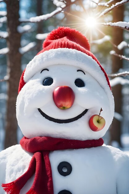 Foto komischer schneemann mit rotem weihnachtsmannshut und schal im winterwald