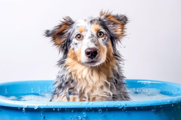 Komischer Welpe sitzt in der Badewanne und wartet auf die Pflege Banner für Tierladen Pflege Salon Generative KI