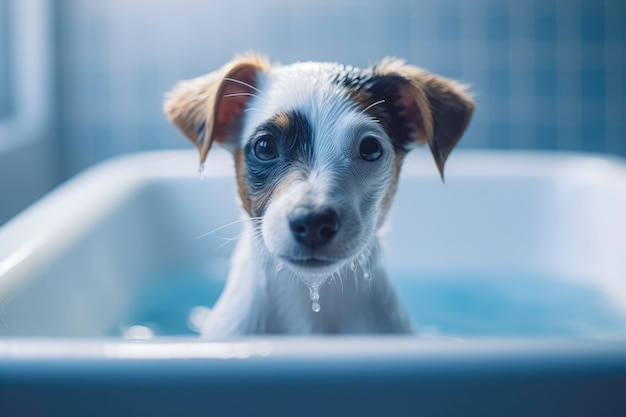 Komischer Welpe sitzt in der Badewanne und wartet auf die Pflege Banner für Tierladen Pflege Salon Generative KI