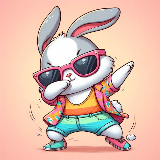 Komisches Dabbing Kaninchen trägt farbenfrohe Kleidung und Sonnenbrille und tanzt auf dem pastellfarbenen Hintergrund
