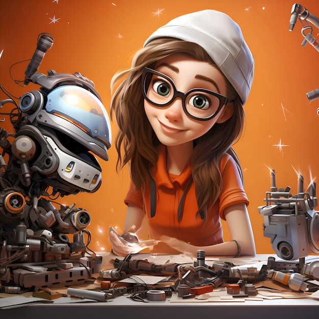 Komisches Mädchen mit Brille repariert einen Roboterarm am Tisch vor orangefarbenem Hintergrund